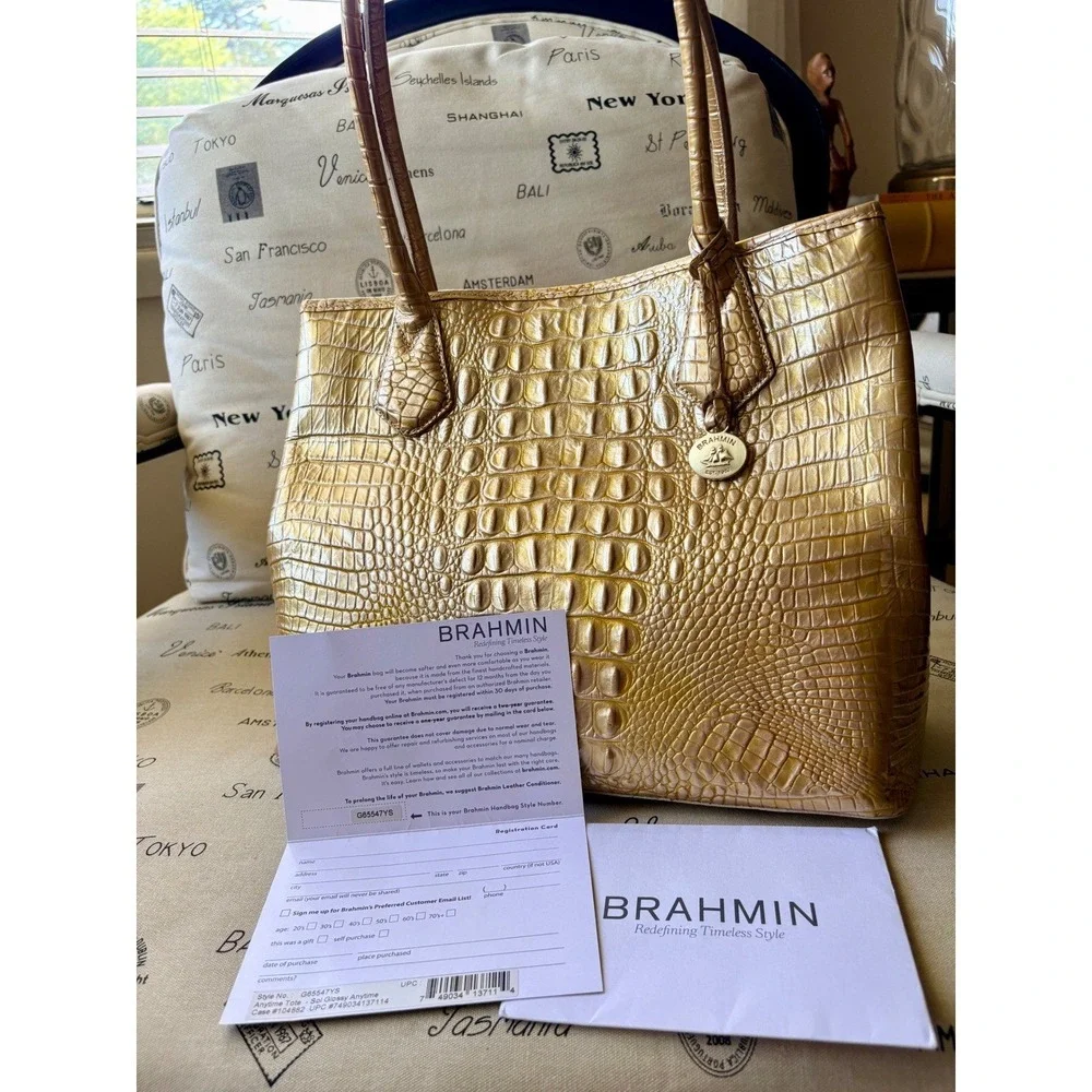 NWT Brahmin Sol Glossy Anytime Tote Gold Croc Embossed Leather Bag Neutral